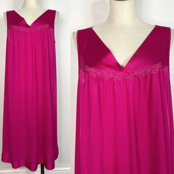 Vintage Vainly Fair Hot Pink V-Neck Sleeveless Nightgown Slip XL Made in the USA - Picture 1 of 12